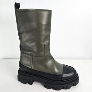 Ganni Olive Green Tubular Boots Chunky Lug Sole Rubber Toe Mid Calf Size 38 US 8